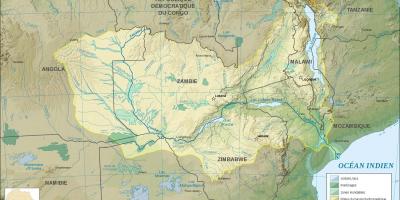 Карта Замбија показује река и језера
