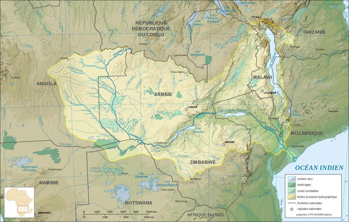 карта Замбија показује река и језера